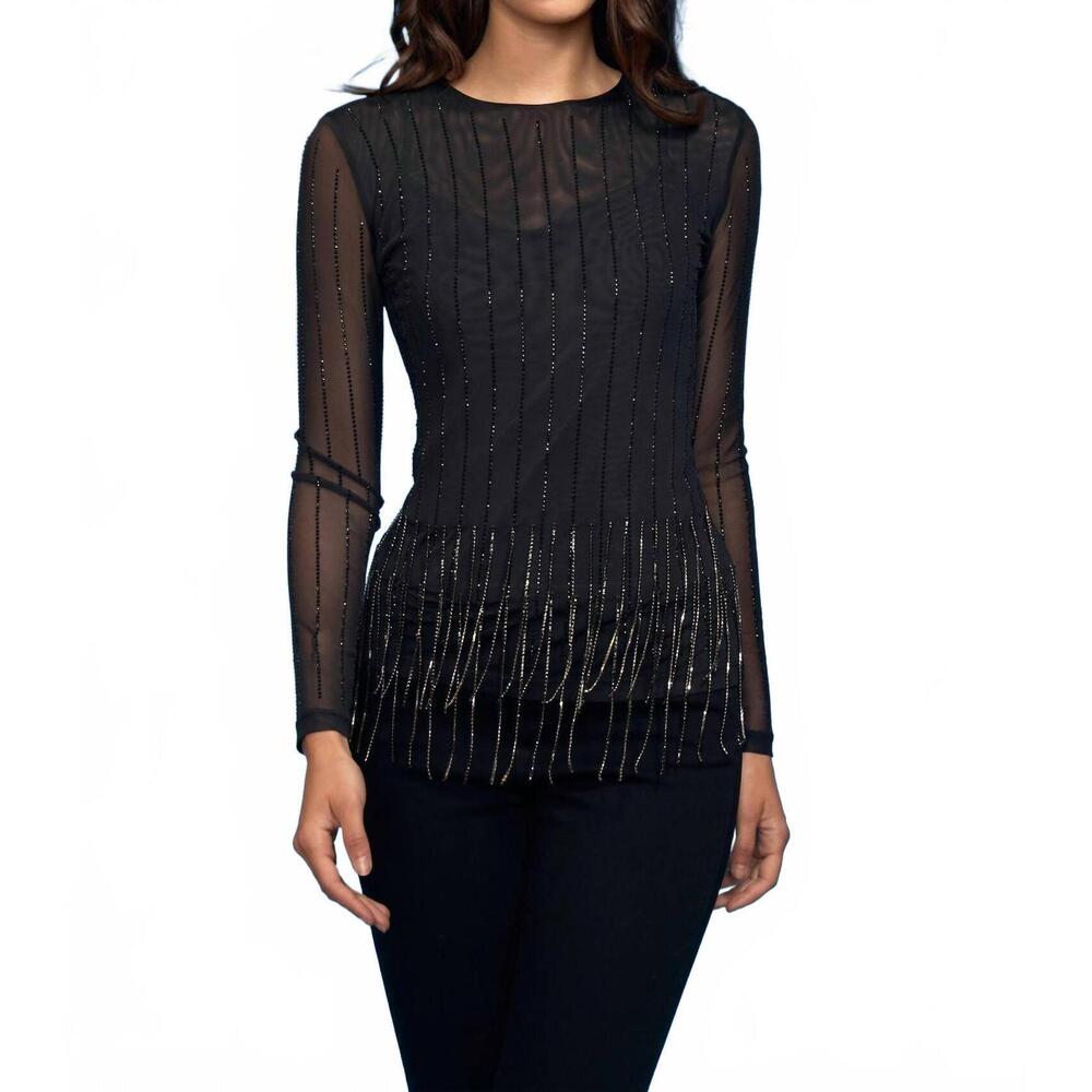 NEW OOLALA high neck rhinestone pinstripe crystal trim mesh top in black